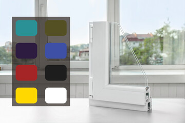 Sample of modern window profile on table and avaiable colors palette