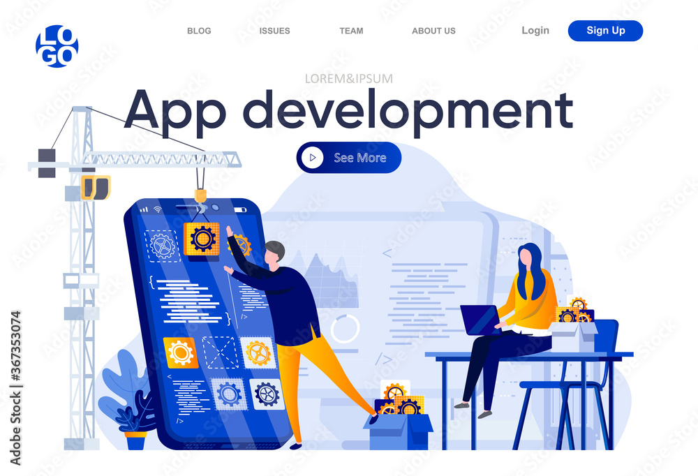 Leinwandbilder App development flat landing page. Team of developers creating mobile application vector illustration. Full stack development, software engineering web page composition with people characters.