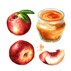 Glass jar of Ripe fresh Nectarine peache jam set. Hand drawn watercolor illustration isolated on white background