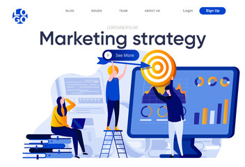 Marketing strategy flat landing page. Marketing team doing target audience research vector illustration. Data analysis and finding potential customers web page composition with people characters
