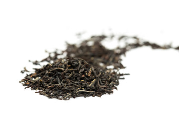 Leaves of black premium dry tea on a white background