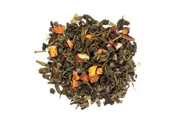  Leaves of Chinese Dry Tea Top Grade with Goji Berries and Powdered Acai on White Background