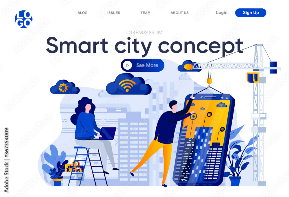 Poster smart city concept flat landing page. developers team creating mobile app for smart house vector ill