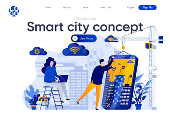 Smart city concept flat landing page. Developers team creating mobile app for smart house vector illustration. Internet of things, wireless networking web page composition with people characters.