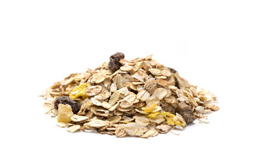 oatmeal with raisins, coconut, pineapple and banana slices isolated on a white background. For packing oatmeal or granola.