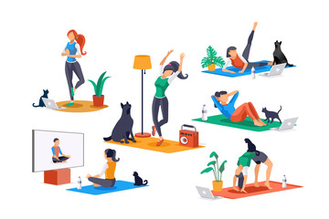 Yoga doing activities. Yoga characters, workout for people stretching in healthy poses. Leisure, female sports, different female poses stretching workouts. Cartoon girl character. Flat concept Vector.