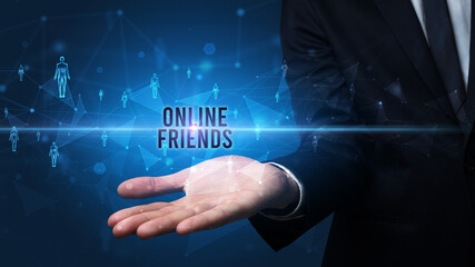 Elegant hand holding ONLINE FRIENDS inscription, social networking concept