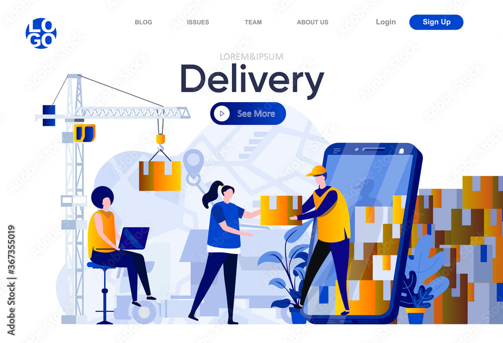 Leinwandbilder delivery flat landing page. customers using delivery mobile application and courier with parcel vect