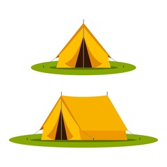 Yellow camping tourist tent in outdoor travel on white background. Vector illustration for nature tourism, journey, adventure.