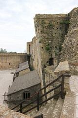 View from the citadel wall to courtyard of old medieval Smederevo fortress in Serbia with buildings inside