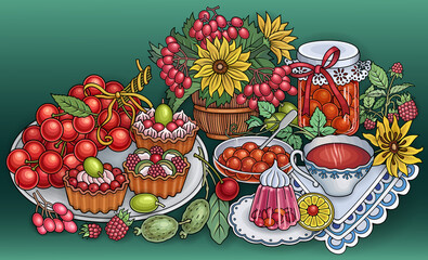 Sweets, berries, fruits, drinks, illustration