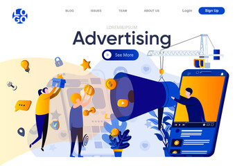 Advertising flat landing page. Advertising campaign in social media and mobile applications vector illustration. Announcement and promotion, online marketing web page composition with people character