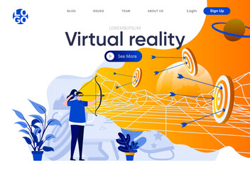 Virtual reality flat landing page. Woman archer with virtual reality headset and bow playing game in cyberspace vector illustration. Digital entertainment web page composition with people characters