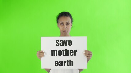 Afro-American Girl Activist With Save Mother Earth Poster on chroma key background