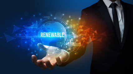 Elegant hand holding RENEWABLE inscription, digital technology concept