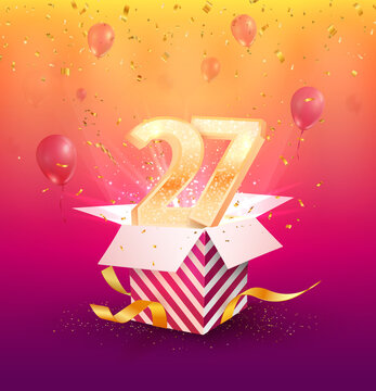 27 th years anniversary vector design element. Isolated twenty seven years jubilee with gift box, balloons and confetti on a bright background. 