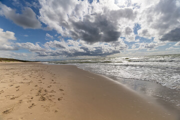 Beautiful white sand beaches in the Curonian Spit National Park on the Baltic Sea coast in Lithuania