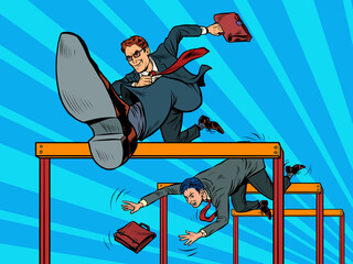 Competition businessmen jump over barriers