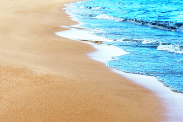 Waves crash on sandy beach, holiday concept, paradise