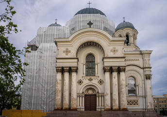 Fototapeta na wymiar St. Michael the Archangel's Church or the Garrison Church a Roman Catholic church under renovation in the city of Kaunas, Lithuania