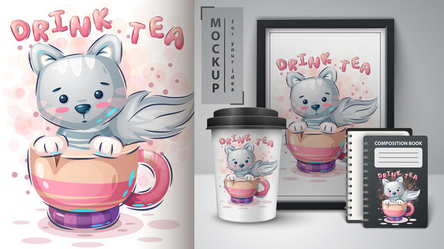 Cat in cup poster and merchandising.