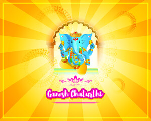 VECTOR ILLUSTRATION FOR INDIAN LORD GANESHA FESTIVAL WITH HINDI TEXT MEANS GANESHA CHATURTHI , ILLUSTRATION IS SHOWING INDIAN GOD GANESHA ON SHINNY BACKGROUND, DEVOTEES  ARE CELEBRATING THE FESTIVAL 