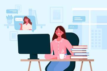 Kids characters learn remotely. Girl sitting at desk, looking at computer screen and Studying Online distance education. Home schooling by tutor or online teacher. Isolation at home.