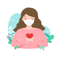 Girl wearing medical face mask or face covering in public and outdoor park. Woman holding red heart. Safety during COVID-19 outbreak, Coronavirus pandemic awareness concept. Flat vector illustration.