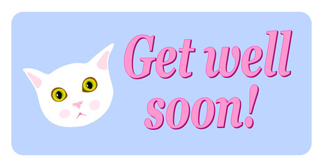 Get well soon greeting card. Kitten face. Violet background