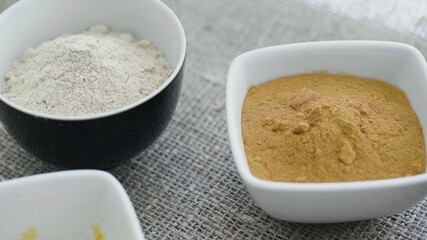 Top voew of Aromatic spices in white plates