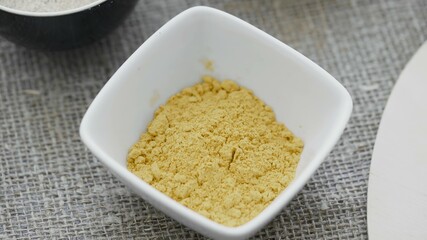 Top voew of Aromatic spices in white plates