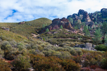 Pinnacle Spires of the High Peaks Surrounded by Chaparral on the Juniper Canyon Trail, Pinnacles National Park, California, USA
