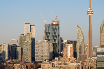 Toronto city center skyline with construction cranes