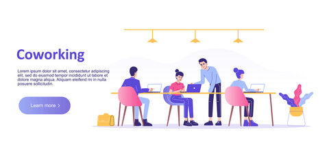 Co-working space concept. Young people working with laptops on shared modern office workplace. Landing page template. Website design. Isolated vector illustration for web banner