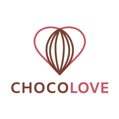 Chocolate and heart love logo. RAW, vegan, natural homemade food and sweets desserts icon. Сhocolate beans symbol.