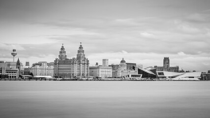 Fototapeta na wymiar Letterbox crop of the Liverpool skyline in monochrome