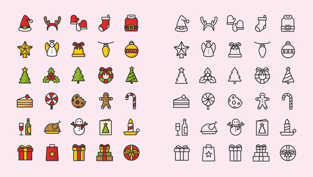 Christmas and New Year line icons set. Outline vector collection for Xmas and Season's Greetings themes. Winter holiday symbols - Santa, snowman, Christmas tree, snowflake, deer, etc.