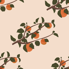 Seamless pattern from branches of ripe apricot on a light background. For textiles, design of cards, covers, wrapping paper, wallpaper.