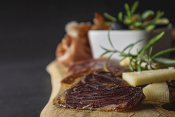 Mediterranean platter. Spanish tapas and italian antipasti. Cheese, olives, chorizo, tomatoes, tenderloin, salchichon and prosciutto.