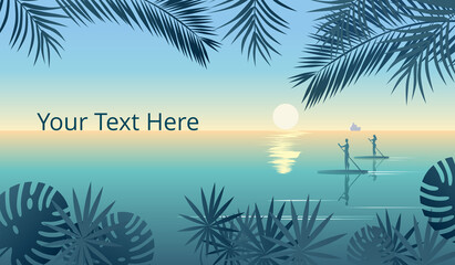Fototapeta na wymiar Beautiful tropical background with palm leaves. Sunrise on the sea. Template for a horizontal banner with a southern landscape.