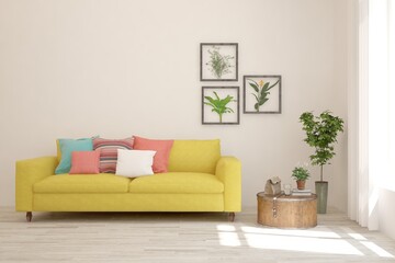White living room with sofa. Scandinavian interior design. 3D illustration