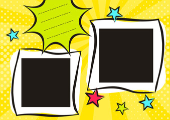 Children's photo book in pop art style. Bright page for a photo album. Template for the design of frames for photographs, posters, cards, stickers. Vector illustration.