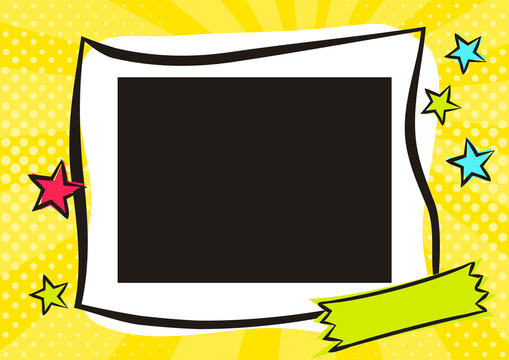 Children's photo book in pop art style. Bright page for a photo album. Template for the design of frames for photographs, posters, cards, stickers. Vector illustration.