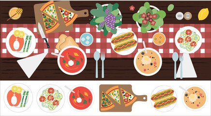 The view from the top on the table with dinner for two. Vector illustration of a dining table with soup, hot dogs, salad, pizza, fish, meat, juice and appliances. Flat design for a restaurant, menu