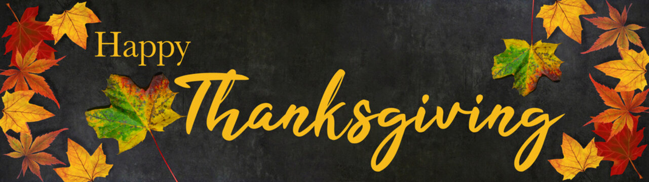 Happy Thanksgiving / autumn – Colorful leaves isolated on a black concrete texture – background panorama banner long