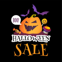 Happy Halloween Sale Design Template with Smilling Pumplin, Candy and Bats,
