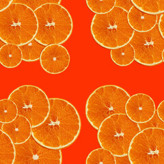 seamless texture of a set with juicy slices of orange, lemon, lime on a red background for menu or recipe, concept of vegetarian, wholesome food, background, pattern for textile, wallpaper, copy space