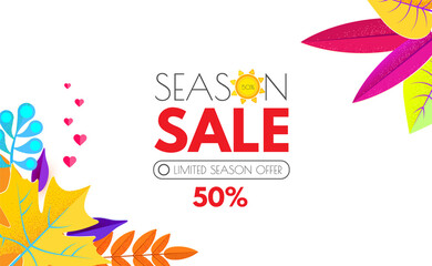 Fototapeta na wymiar Autumn Sale. Seasonal Offer Poster Template with Colorful Leaves. Paper Art.