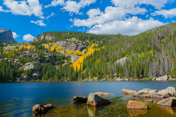 Bear Lake and surrounding mountains in the autumn season in Rocky Mountain National Park, Colorado.