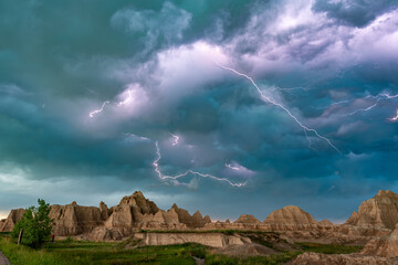 Lightning Storm at Badlands National Park - obrazy, fototapety, plakaty